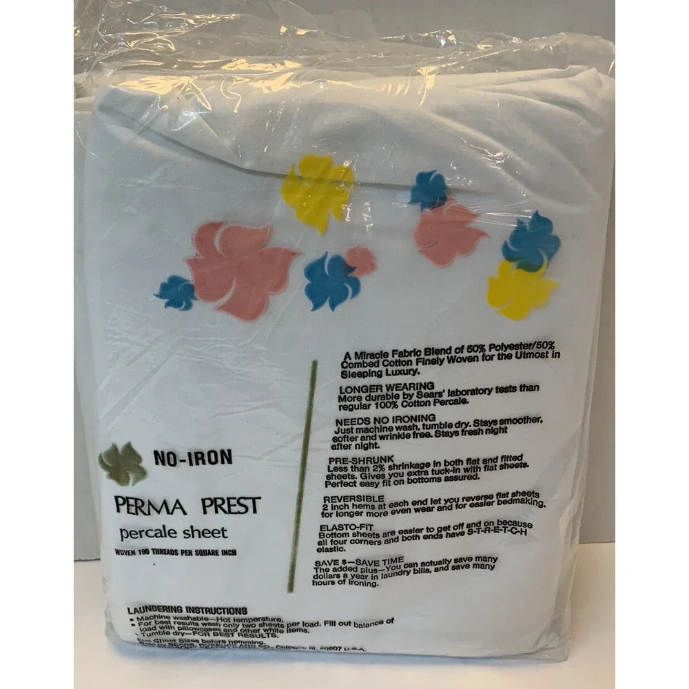 Vintage New Old Stock Sears Full Fitted Bottom Sheet White Combed Percale Cotton